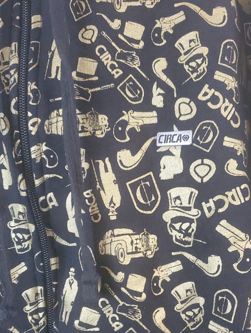 Vintage Circa Y2K Skate Hoodie Black Gold Graphic Print Size Small Baggy Mens - Picture 2 of 16